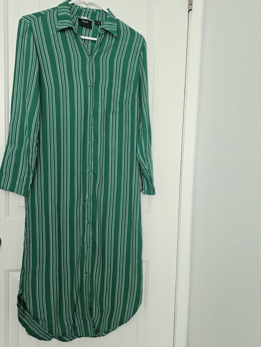Anthropologie Green and White Vertical-Stripe Midi Shirt Dress